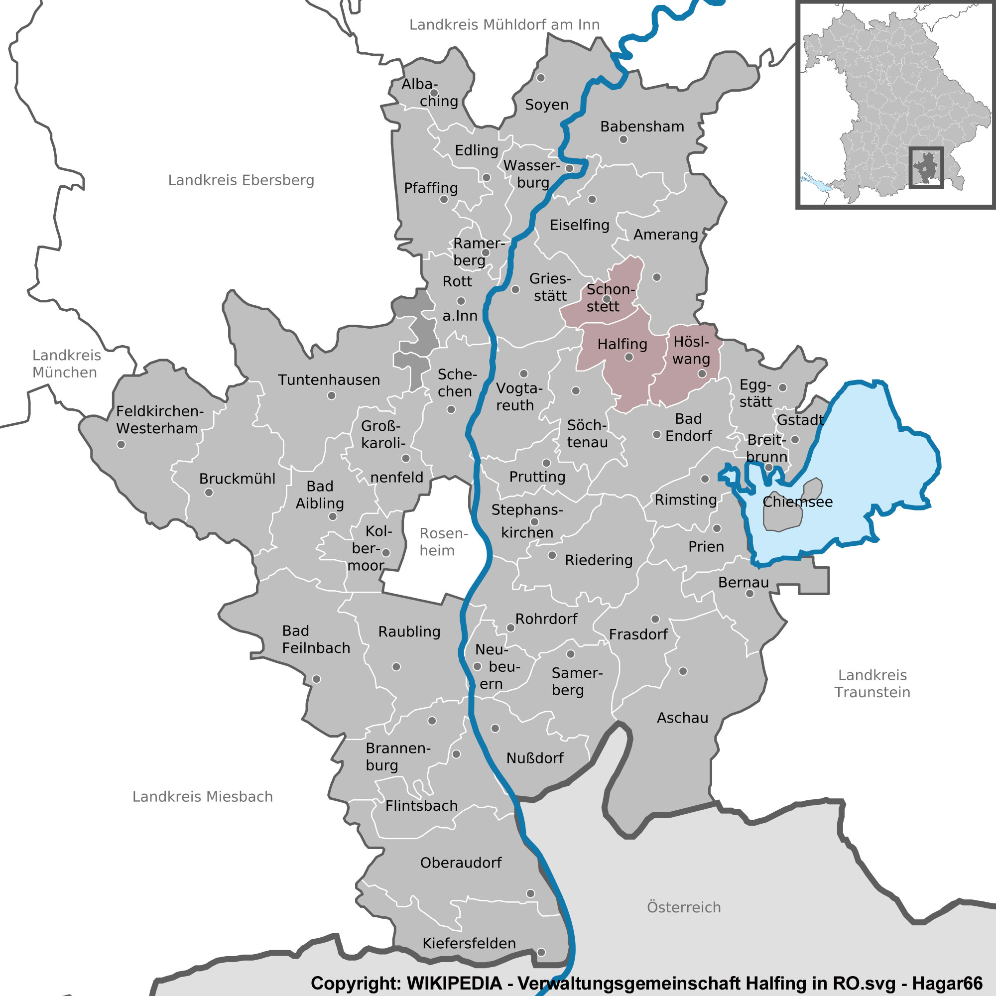 Karte aus WIKIPEDIA mit der Lage der Verwaltungsgemeinschaft im Landkreis Rosenheim Karte aus WIKIPEDIA mit der Lage der Verwaltungsgemeinschaft im Landkreis Rosenheim